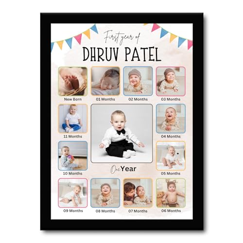 Image of 12 months baby photo frame | 01st Birthday Photo Frame | One Year of Birthday Photo Frame | Personalized 12 Images With Texts | Best Gift (BABY 12 MONTH)