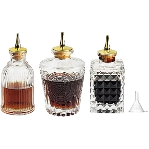 USEAMIE Bitters Bottle Set of 3, Glass Dasher Bottle, Decorative Professional Bar Tool for Cocktail Great for Bartender Home Bar Restaurant with Alloy Cap, Classical Styling Cover