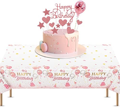Happy Birthday Party Table Cloth,Pink Rose Gold Plastic Tablecloth,Large Rectangular Disposable Dining Table Cover with Rose Gold Cake Toppers for Boys Girls Kids Baby Birthday Party Decorations