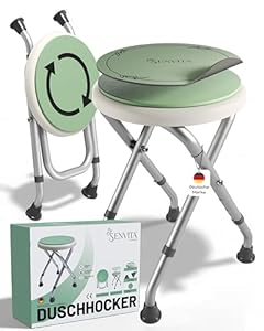 Senvita® Duschhocker Klappbar, 360° Drehbar & 160kg Belastbar | Duschstuhl für Senioren | Höhenverstellbare, rutschfeste Duschhilfe mit Sitzkissen | Badhocker & Badewannensitz