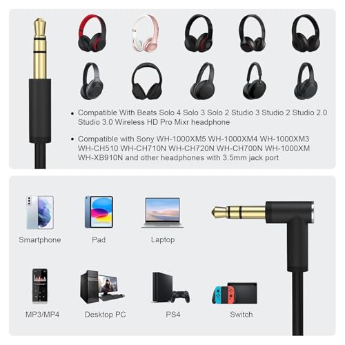 Zapasowy kabel audio do słuchawek Beats by Dr. Dre Solo2/3/Studio 2/3 Pro/Detox/Wireless/Mixr/Executive/Pill, kabel AUX z mikrofonem i regulacją głośności, 1,2 m, czarny