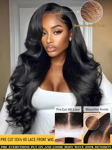 Image of 13x4 HD Lace Front Body Wave Glueless Wigs with Feathered Layer Left Side Part 200% Density Wig Drawstring Pre Cut Pre Plucked Pre Bleached Knots 20Inch