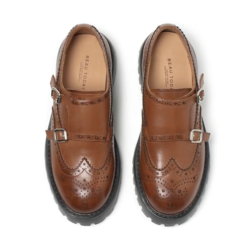 Image of BEAU TODAY Chunky Loafers for Women, Women's Leather Platform Loafers, Lug Sole Tassel Slip On Loafers Shoes Brogues Wingtip Casual Business Shoes Comfortable Dressy