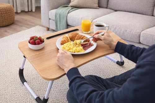 Image of MemeHo Multi-Purpose Foldable Laptop Table for Bed & Sofa | Portable Study Desk, Breakfast & Reading Table | Ergonomic Design, Non-Slip Legs | Fits up to 17 inch Laptop with Cup Holder (Wood)