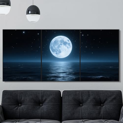 険しい山頂に掛かる丸い月の美しい景色を描いた風景の北欧風モダン絵画。キャンバスに描かれた壁掛けアートプリントで、アルミニウム合金フレーム付き。耐久性のある頑丈なバックボードを使用し、厚さは2.5cm、サイズは40x30cmの3枚セットです。