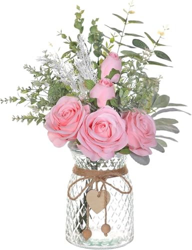 Artificial Silk Roses with Vase, Fake Flowers for Home Office Farmhouse Bathroom Dining Table Centerpiece Decorations (Pink)