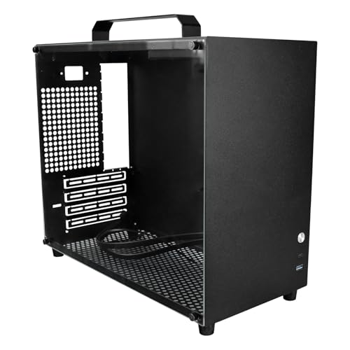 ALAMENGDA V500 Mini Tragbares M-ATX/ITX Computergehäuse, Mini-Tower-Gehäuse, Vollseitiges transparentes Acryl-DIY-Desktop-Gehäuse mit Griff, unterstützt 320 mm GPU-Größe (Schwarz 2.0)