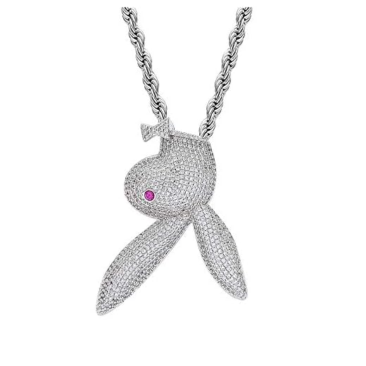 ICEDIAMOND Shiny Lab Diamond Red Eye Bunny Pendant Necklace, Iced Out Zircon Rhinestone Rabbit with Miami Cuban Chain, 14K Gold Plated Hip Hop Jewelry for Men Women (24''Rope)