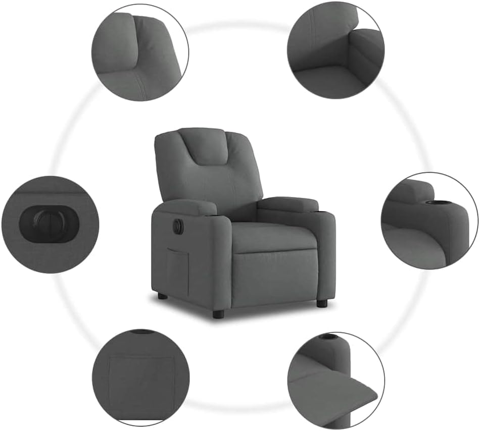 Diagram highlighting key features of the recliner, including the control button, cup holders, and side storage pocket.