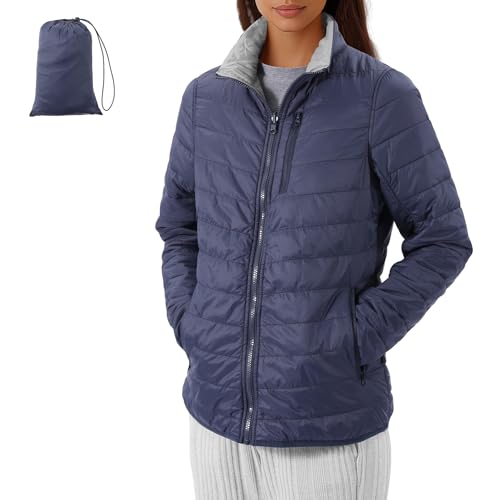 JEMIDI Chaqueta Acolchada Mujer Ultraligera Reversible - Impermeable con 5 Bolsillos con Cremallera - Bolsa de Transporte Incluida - Negro/Gris Oscuro