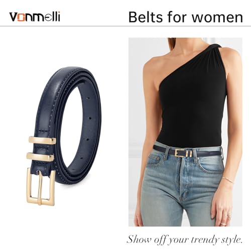 VONMELLI Leather Thin Belt for Women, Navy Blue Women's Skinny Belt Ladies Belt for Jeans Dress with Gold Buckle M2