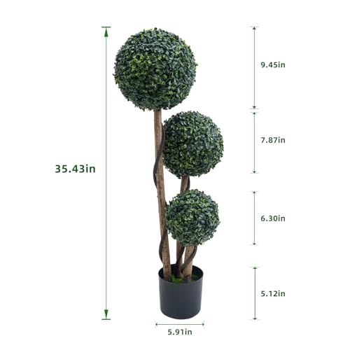 Artificial Topiary Ball Tree Indoor and Outdoor, 35 Inch Faux Boxwood Plants Topiary Triple Ball Tree Milan Grass Ball Trees for Porch or Garden Home Decor, 1 Pack