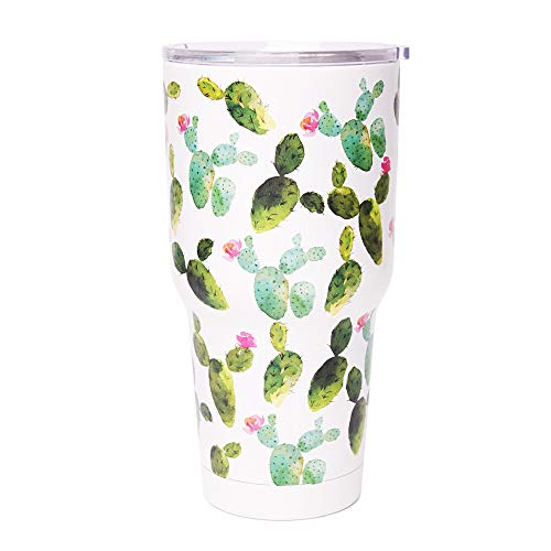 30 oz. Double Wall Stainless Steel Vacuum Insulation Travel Mug Crystal Clear Lid Water Coffee Cup - Works Great for Ice Drink, Hot Beverage (cactus)