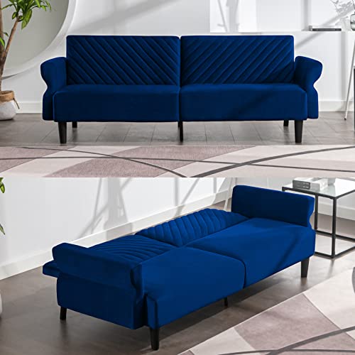 Mjkone Convertible Futon Sofa Bed | Modern Loveseat | Folding Upholstered Sleeper Sofa With Adjustable Backrest & Armrest For Living Room Apartment Office Small Space (Blue) #TOP17