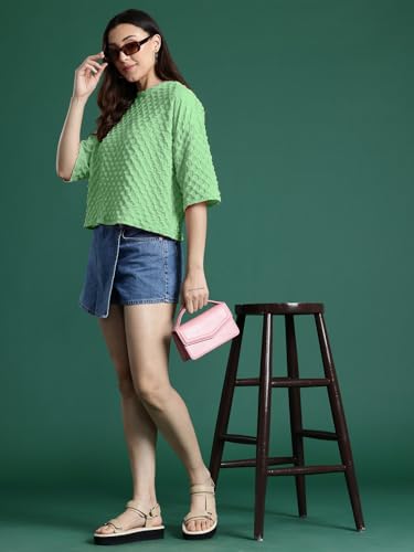 Image of Zilcon Womens Round Neck Drop Shoulder Crop top for Woman Half Sleeve Tops for Woman Stylish Western Bricks Wool Casual Crop Tops