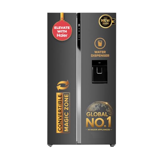 Haier Smart Choice 596L 3 Star Frost Free Expert Inverter Smart Sense AI enabled 2-Door Side by Side, In-built Water Dispenser Refrigerator (HRS-682WGKU1, Graphite Black, Magic Convertible,2026 Model)