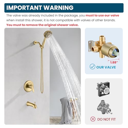 Image of gotonovo Bathroom Shower Head Kit High Pressure Combo System Shower Faucet 6 Modes ABS Handheld Spray Shower Trim Kit Valve Included Shower Head and Handle Set Brushed Gold
