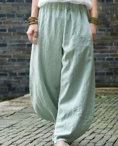 Women's Summer Cotton Linen Palazzo Pants-Elastic Waist Wide Leg Lounge Trousers with Pockets Casual Loose Fit3