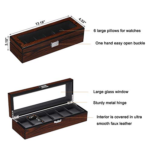 Bewishome Watch Box For Men - Luxury Watch Case, Real Glass Top, Smooth Faux Leather Interior, 6 Slot Watch Organizer,Brown Ssh06Y #TOP6