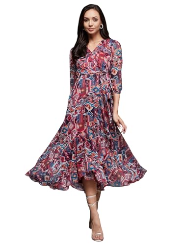 Image of Miss Chase Women's Multicolored-Base-Brown Relaxed Fit Maxi Lurex Chiffon Dress