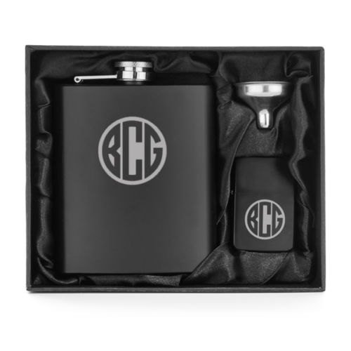 Monogram Engraved Matte Black 7oz Stainless Steel Hip Flask Funnel Lighter Gift Set Custom Personalized