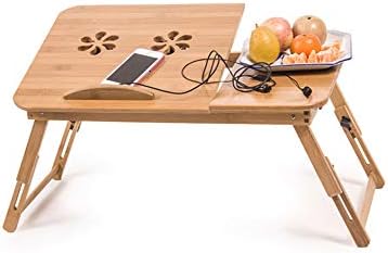 E2B® Bamboo Laptop Desk, Foldable Bed Table, Laptop Table, Height Adjustable Sofa Tray with 5 Tilting Angles, Air holes, Small Drawer, 55 x 35 x 29 cm