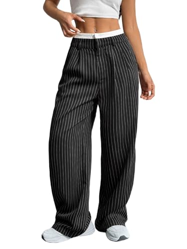 Cheroma Dress Pants Women High Waist, Casual Work Straight Wide Leg, Black, Large