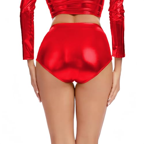 Wildarms Damen-Shorts, metallisch, glänzende Rave-Hose, hohe Taille, Festival, Tanz-Shorts, Hotpants, Rot/Ausflug, einfarbig (Getaway Solids), Klein