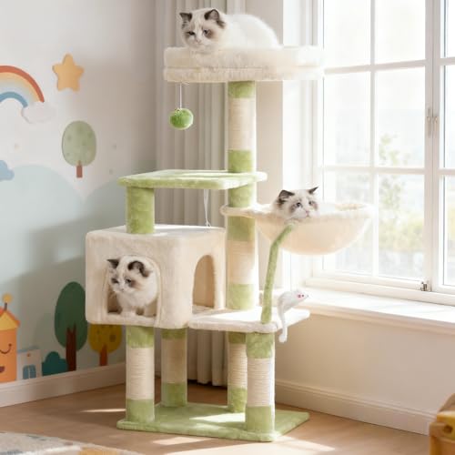 Image of Heybly Cat Tree with Toy, 43.3 inch Cat Tower for Indoor Cats HCT004SGM | Cat Condo with Durable Sisal Scratching Posts, Cat House with Padded Plush Perch, Cozy Hammock, Green and Beige