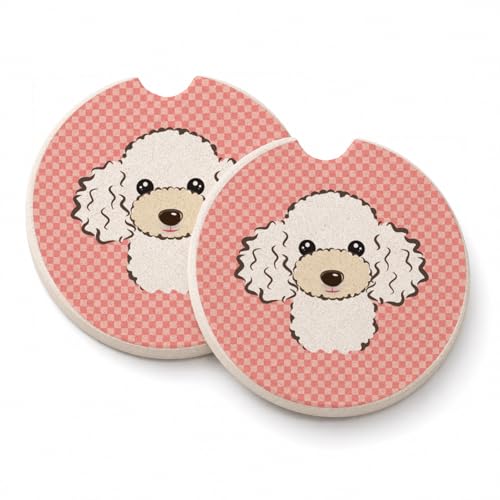 Caroline's Treasures BB1257CARC Checkerboard Pink White Poodle Set of 2 Cup Holder Car Coasters Absorbent Sandstone Coasters for Car Cup Holders Gifts for Men or Women, Large, Multicolor
