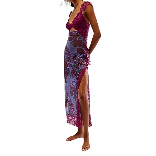 Image of Women Sexy Lace Patchwork Mesh Dress Floral Print Cutout Sweetheart Neck Backless Slit Summer Maxi Dress