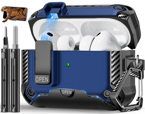 Image of for AirPods Pro 3 Case with Lock & Phone Stand(Blue) | Automatic Snap Switch Lock,Carbon Fiber Texture Design Cover with Cleaner Kit