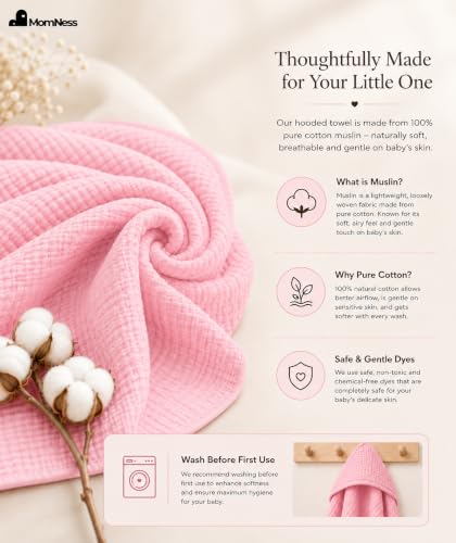 Image of Baby Hooded Bath Towel 100% Cotton Muslin 76x76 cm, 0-3Y, Newborn | 4-Layer Crinkle Fabric, Ultra Absorbent, For Ages 0-3Y