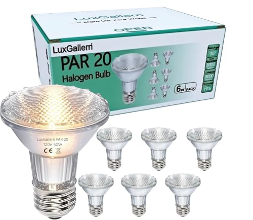 LuxGallerri PAR20 Halogen Light Bulbs 6 Pack 120V 50w Dimmable E26 Medium Base Flood Light Bulbs with 3000k Warm White High Output Reflector for Kitchen Stove Hood and Range Hood Light Bulb.