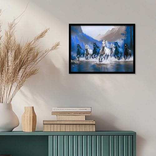Image of HOTHOUSE Seven Running Vastu Lucky Horse and Rising Sun Painting | 7 Horses Vastu Frame Wall Art Painting for Living Room Bedroom Office Home Decor Wall Decor Size (19X25 inch)