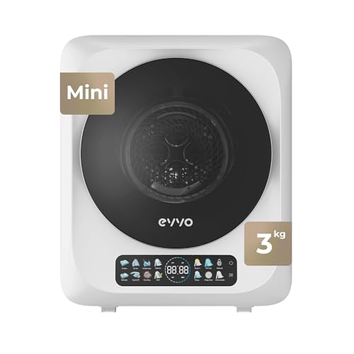EVVO Secadora Mini S4 – Secadora de Ropa Portátil 3 Kg, Diseño Mini Compacto, Panel Táctil, Higiene UV, Función Antiarrugas, Accesorio para Calzado, Mini Secadora Ideal para Espacios Reducidos