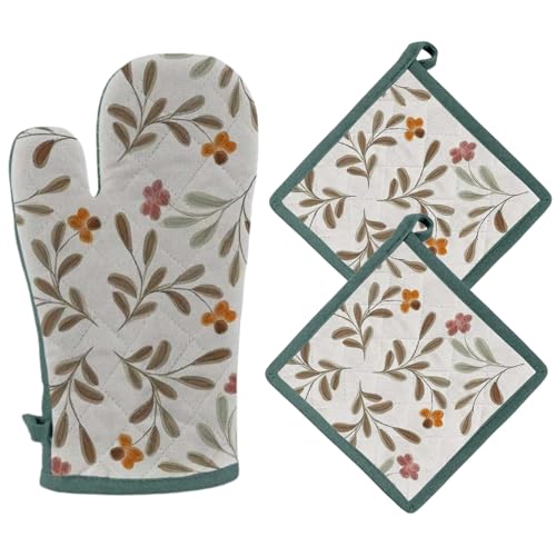 Set Presine da Cucina e Guanto da Forno in Cotone, Guanti da Cucina più 2 Presine con Fantasia Decorativa, Guanto forno 32x18 cm, Presina 20x20 cm
