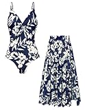 GRACE KARIN Damen Monokini, V-Ausschnitt mit Blumenprint, 2-teiliges Badeanzug-Set mit Schwimmrock und Tummy Control Marineblau weiße Blumen L