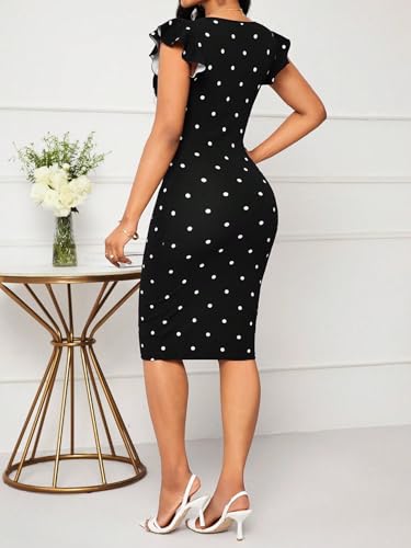 Image of Yajedo Women's Summer Bodycon Midi Dress Print Ruffled Sleeves V Neck Ruched Cocktail Pencil Dress
