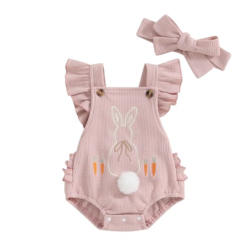 Qianderer Traje de Pascua para bebé recién nacida, traje de Pascua para bebé, manga voladora, mameluco bordado con diadema, ropa de bebé niña, Rosa Bb, 6 12 Meses