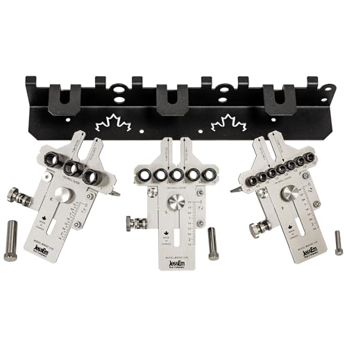 Image of JessEm 08358 Seasoned Pro Stainless Steel Dowelling Jig Complete Kit with 1 /4 inch, 3 /8 inch and 1 /2 inch Guides, Three Angle Bases, Wall Bracket, Precision Woodworking Joinery Tool