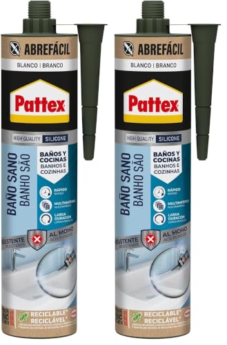 Pattex Baño Sano, silicona antimoho e impermeable, silicona blanca duradera para cocina y baño, resistente, 2 cartuchos x 280 ml cada uno