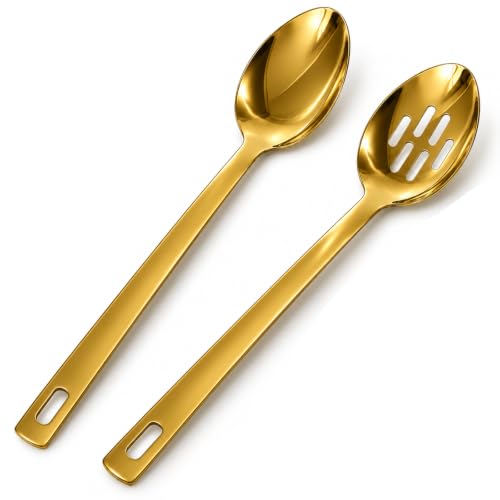 Large Serving Spoons, Gold Solid Spoon & Slotted Kitchen Spoon Set, 2 Pack