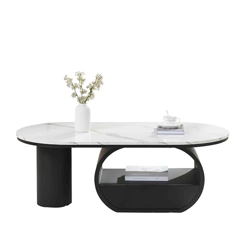 Image of Faux Marble Nesting Coffee Table Set of 2 | Coffee Table Set with End Table,Oval Living Room Table with Gold Metal Base,Marble Grain Top & 1 Drawer,Stack Tea Table Set