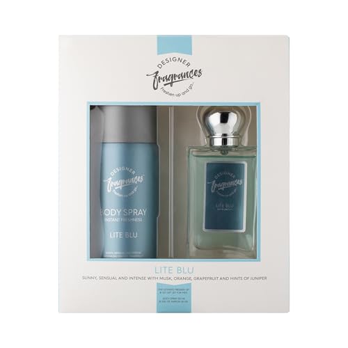 Designer Fragrances Lite Blu Male Gift Set - Includes 150ml Body Spray Deodorant Cans, 50ml Men’s Eau De Parfum Aftershave Sprays - For Instant Freshness on The Go - Long Lasting Smells