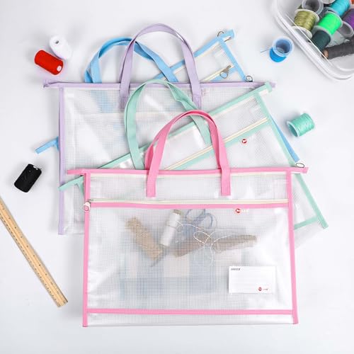 Image of 4 Pcs A3 Project Bag for Quilting Craft Storage for Quilters Clear Mesh Design Art Supply Bag Artwork Storage Organize for Artworks Charts and Teaching Material Multipurpose
