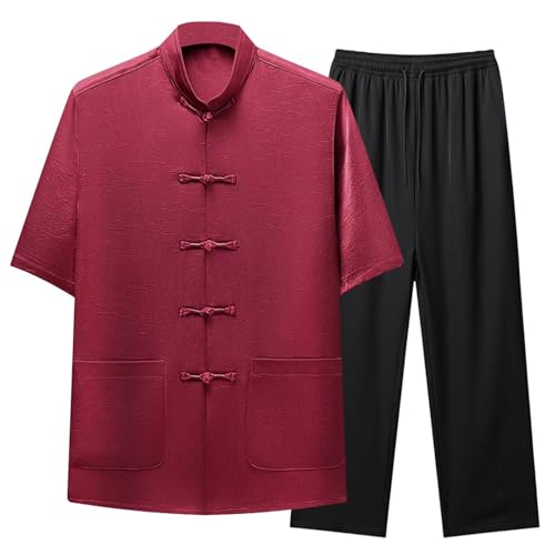Cambkatl Men's Tang Suit Chinese Traditional Mandarin Collar Kung Fu Shirts Short Sleeve Tai Chi Clothes 2 Piece Outfits