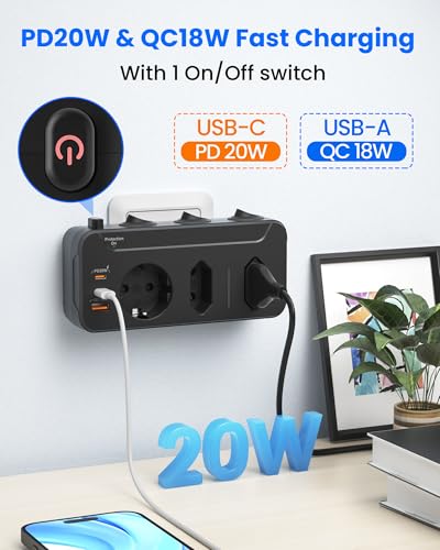 Mehrfachstecker für Steckdosen,3-Fach Mehrfachsteckdose,Steckdosenadapter Einzeln Schaltbar,Doppelstecker für Steckdose USB,2 Euro 1 Schuko Schutzkontakt,Dreierstecker Stecker mit Schalter,Schwarz 6