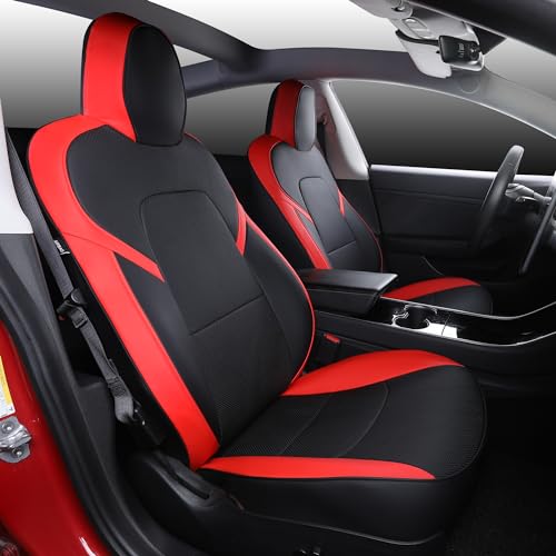 SUIYIO Suitable for Tesla Model 3 Seat Covers, Waterproof Faux Leather Car Seat Covers Full Set forTesla Model 3 2023 2022 2021 2020 2019 2018 2017 (Black+ Red) by SUIYIO - Used condition - US$208.43