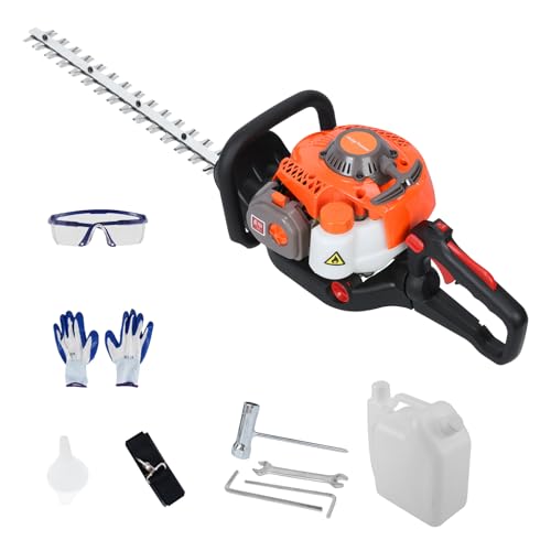 JENPECH Cortasetos a gas de 26 cc, 24 pulgadas, 2 tiempos, inalámbrico, cepillo para arbustos, cortadora de té, bajo nivel de ruido, hoja de doble cara de alta potencia (naranja 2)